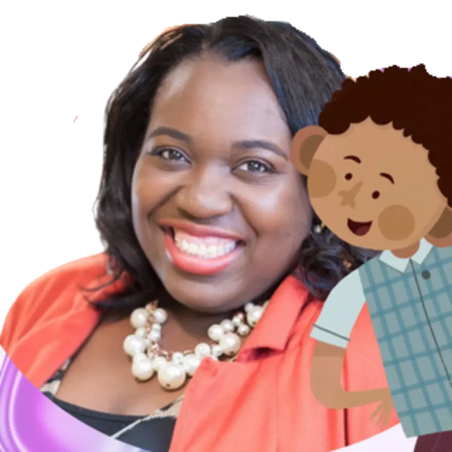 Chandele Morris with an illustrated child from her books
